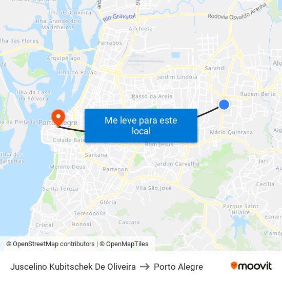 Juscelino Kubitschek De Oliveira to Porto Alegre map