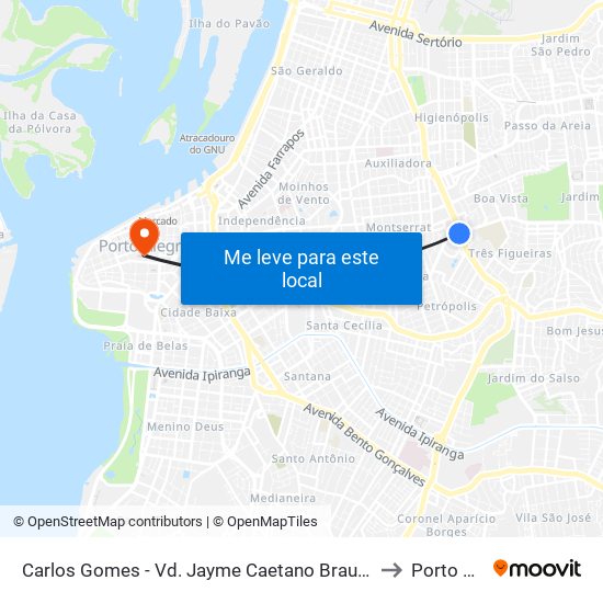 Carlos Gomes - Vd. Jayme Caetano Braun Ns (Piso Superior) to Porto Alegre map