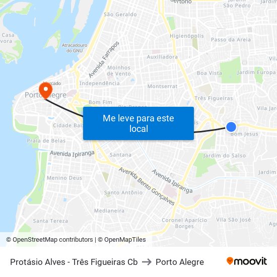 Protásio Alves - Três Figueiras Cb to Porto Alegre map