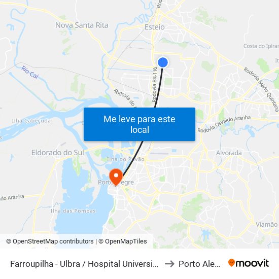 Farroupilha - Ulbra / Hospital Universitário to Porto Alegre map