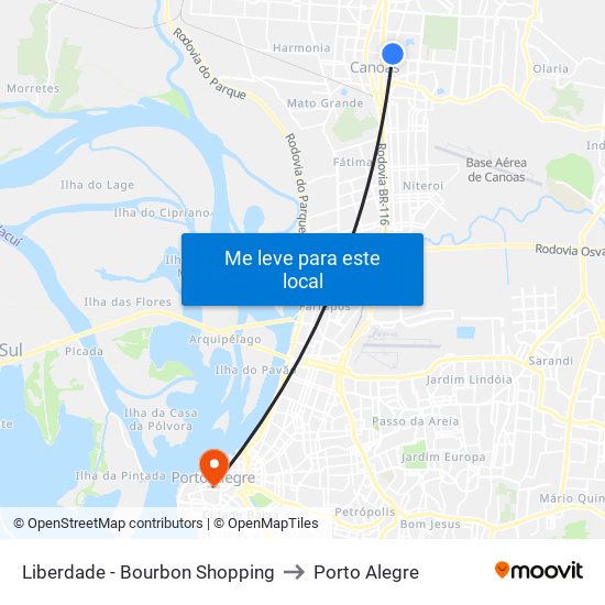 Liberdade - Bourbon Shopping to Porto Alegre map