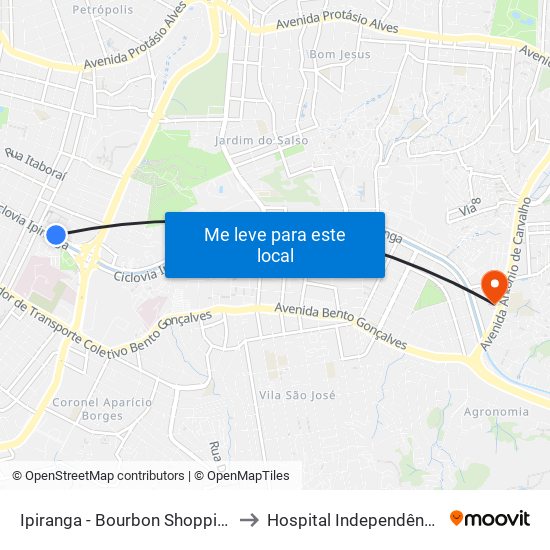 Ipiranga - Bourbon Shopping to Hospital Independência map