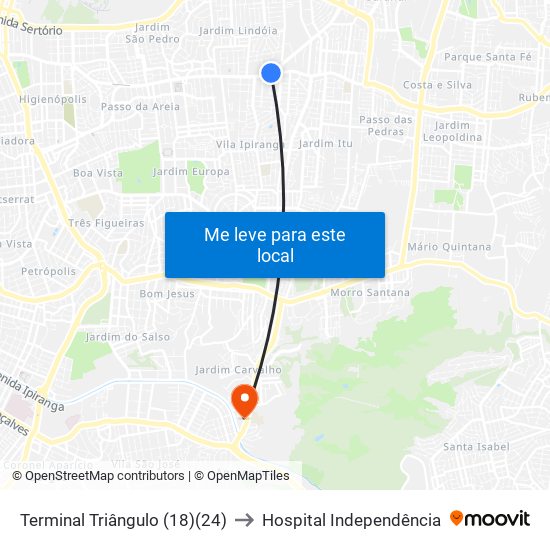 Terminal Triângulo (18)(24) to Hospital Independência map