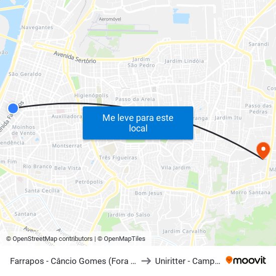 Farrapos - Câncio Gomes (Fora Do Corredor) to Uniritter - Campus Fapa map
