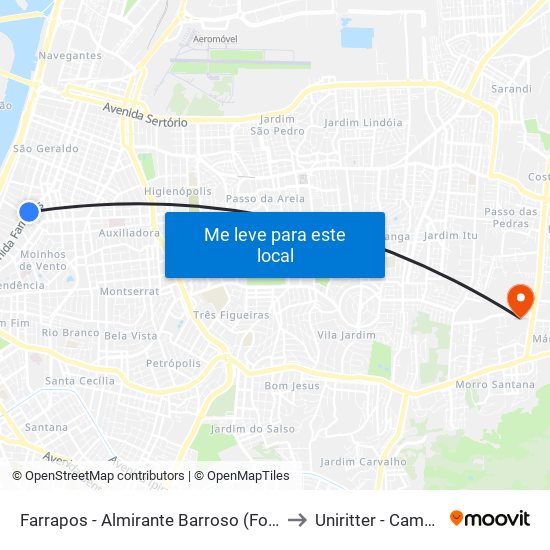 Farrapos - Almirante Barroso (Fora Do Corredor) to Uniritter - Campus Fapa map