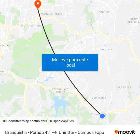 Branquinha - Parada 42 to Uniritter - Campus Fapa map