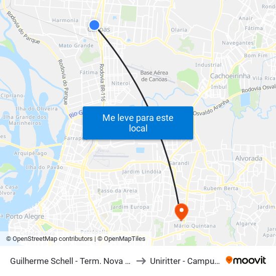 Guilherme Schell - Term. Nova Santa Rita to Uniritter - Campus Fapa map