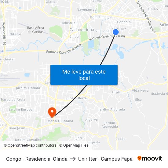 Congo - Residencial Olinda to Uniritter - Campus Fapa map