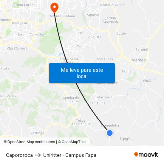 Capororoca to Uniritter - Campus Fapa map