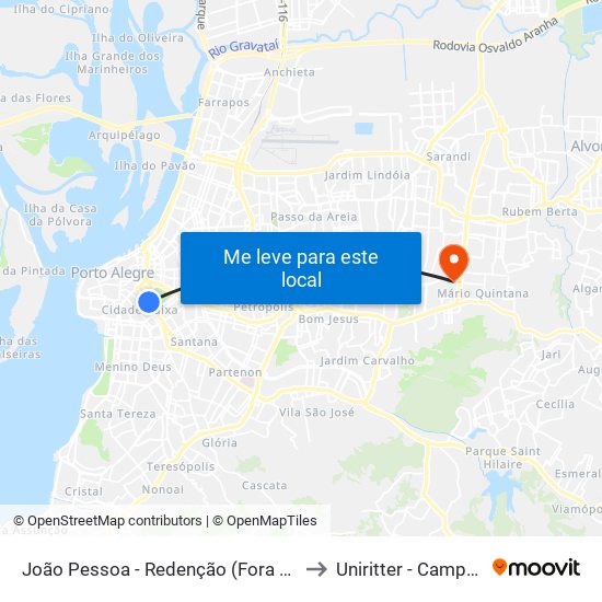 João Pessoa - Redenção (Fora Do Corredor) to Uniritter - Campus Fapa map