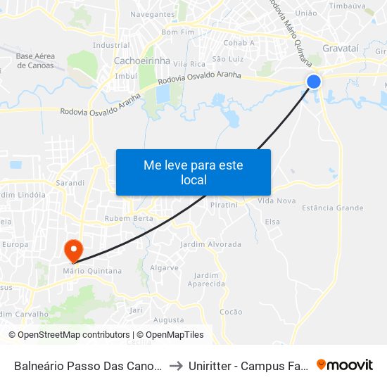 Balneário Passo Das Canoas to Uniritter - Campus Fapa map