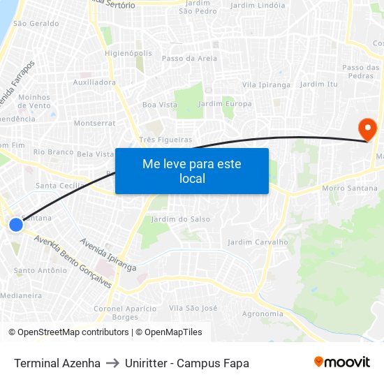 Terminal Azenha to Uniritter - Campus Fapa map