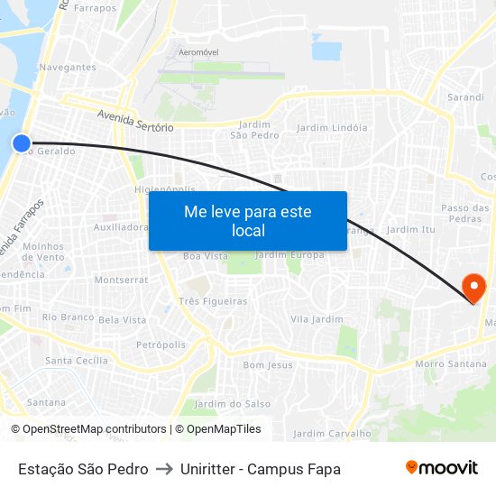 Estação São Pedro to Uniritter - Campus Fapa map