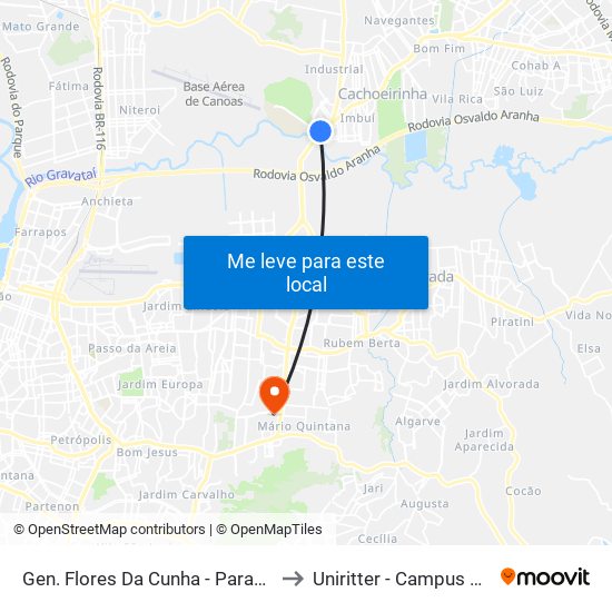 Gen. Flores Da Cunha - Parada 46 to Uniritter - Campus Fapa map