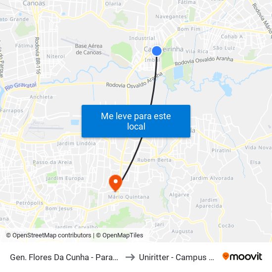 Gen. Flores Da Cunha - Parada 52 to Uniritter - Campus Fapa map