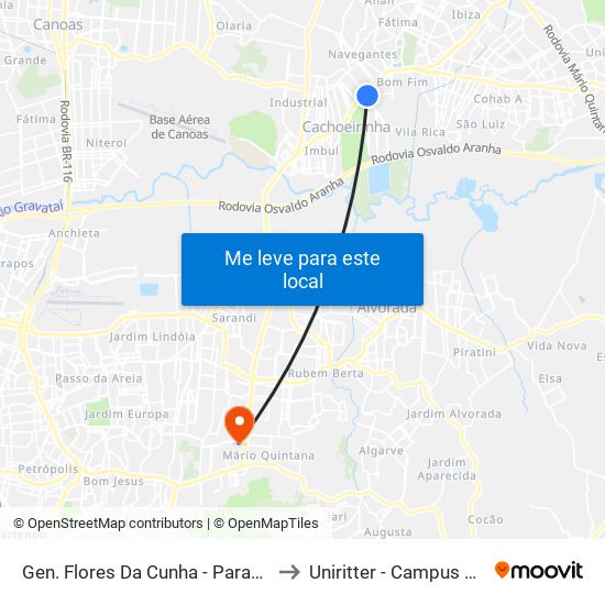 Gen. Flores Da Cunha - Parada 57 to Uniritter - Campus Fapa map