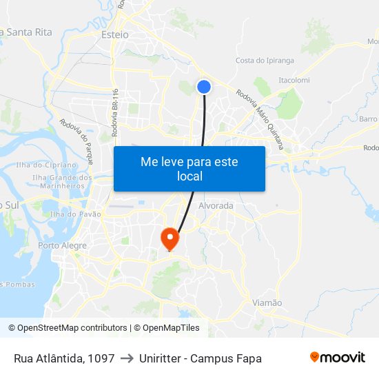 Rua Atlântida, 1097 to Uniritter - Campus Fapa map