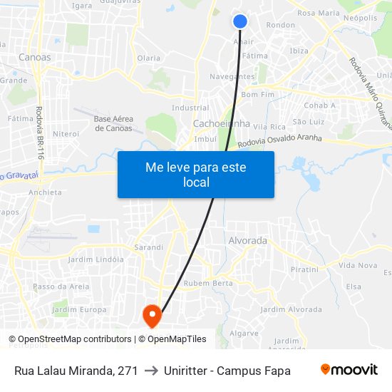 Rua Lalau Miranda, 271 to Uniritter - Campus Fapa map