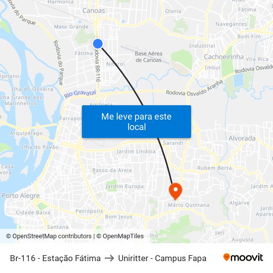 Br-116 - Estação Fátima to Uniritter - Campus Fapa map