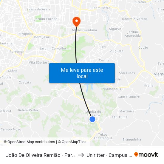 João De Oliveira Remião - Parada 16 to Uniritter - Campus Fapa map