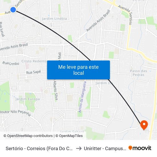 Sertório - Correios (Fora Do Corredor) to Uniritter - Campus Fapa map