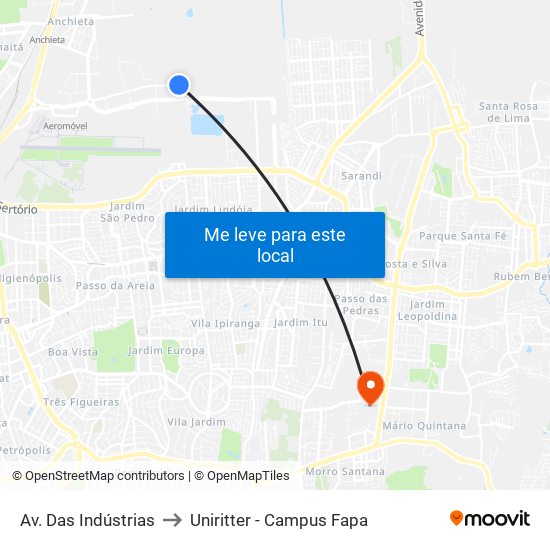 Av. Das Indústrias to Uniritter - Campus Fapa map