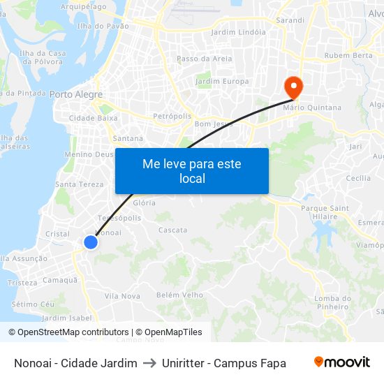 Nonoai - Cidade Jardim to Uniritter - Campus Fapa map