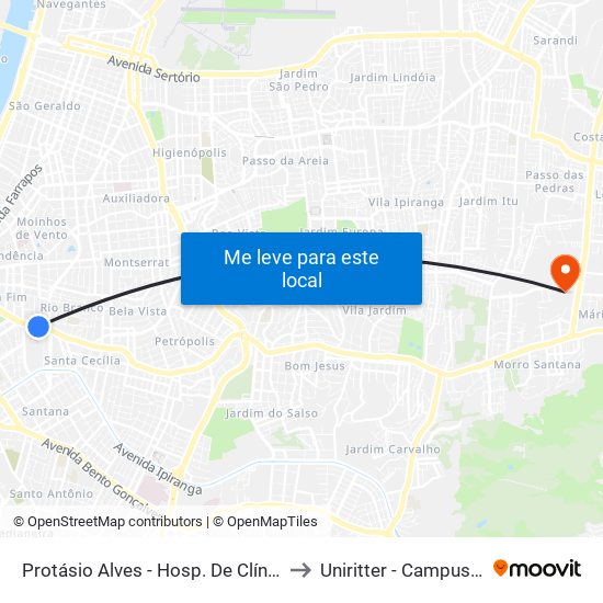 Protásio Alves - Hosp. De Clínicas Cb to Uniritter - Campus Fapa map