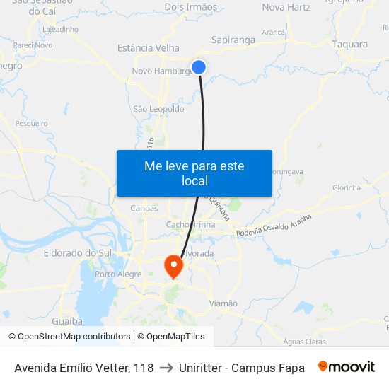 Avenida Emílio Vetter, 118 to Uniritter - Campus Fapa map