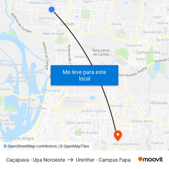 Caçapava - Upa Noroeste to Uniritter - Campus Fapa map