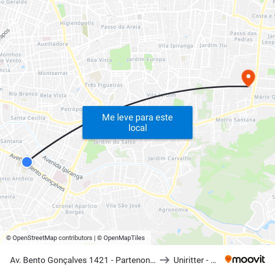 Av. Bento Gonçalves 1421 - Partenon Porto Alegre - Rs 90650-001 Brasil to Uniritter - Campus Fapa map