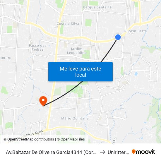 Av.Baltazar De Oliveira Garcia4344 (Corredor Bc) - Rubem Berta Porto Alegre - Rs 91160-000 Brasil to Uniritter - Campus Fapa map