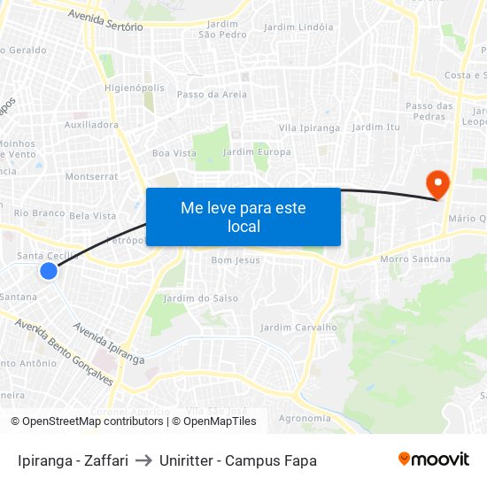 Ipiranga - Zaffari to Uniritter - Campus Fapa map