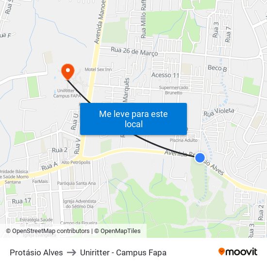 Protásio Alves to Uniritter - Campus Fapa map