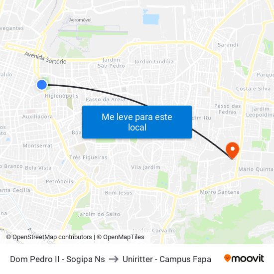 Dom Pedro II - Sogipa Ns to Uniritter - Campus Fapa map