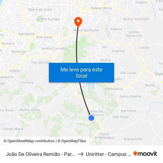 João De Oliveira Remião - Parada 15 to Uniritter - Campus Fapa map