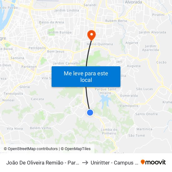 João De Oliveira Remião - Parada 07 to Uniritter - Campus Fapa map