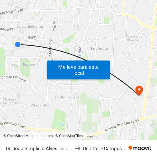 Dr. João Simplício Alves De Carvalho to Uniritter - Campus Fapa map