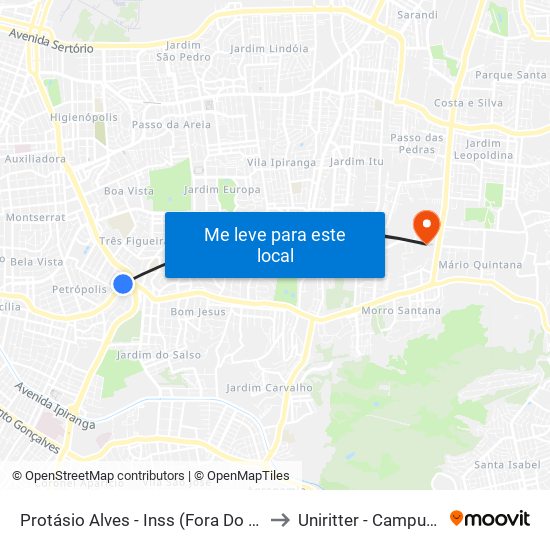 Protásio Alves - Inss (Fora Do Corredor) to Uniritter - Campus Fapa map