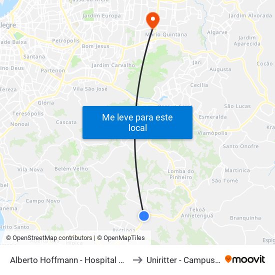 Alberto Hoffmann - Hospital Restinga to Uniritter - Campus Fapa map