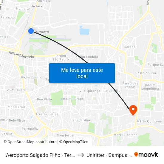Aeroporto Salgado Filho - Terminal 2 to Uniritter - Campus Fapa map