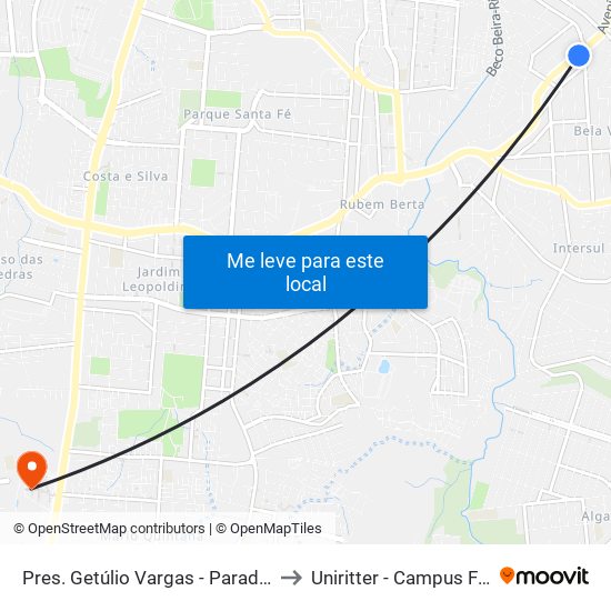 Pres. Getúlio Vargas - Parada 46 to Uniritter - Campus Fapa map