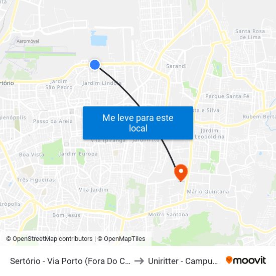Sertório - Via Porto (Fora Do Corredor) to Uniritter - Campus Fapa map