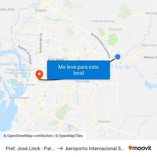 Pref. José Linck - Parada 82 (Rodoviária) to Aeroporto Internacional Salgado Filho - Terminal 2 map