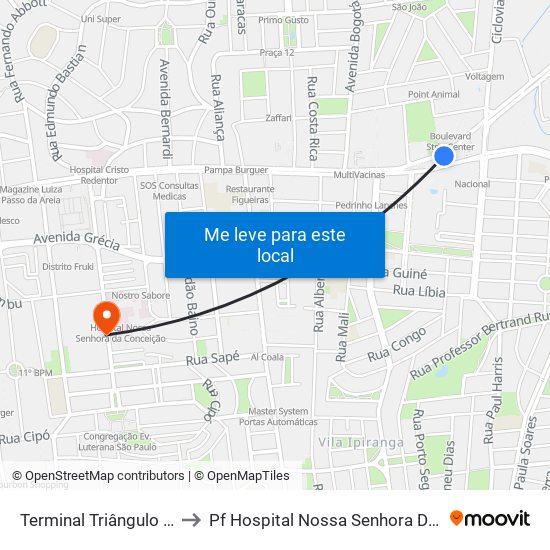 Terminal Triângulo (18)(24) to Pf Hospital Nossa Senhora Da Conceição map