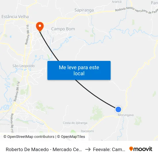 Roberto De Macedo - Mercado Cerro Azul to Feevale: Campus I map