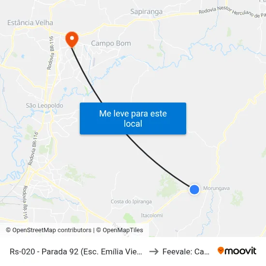 Rs-020 - Parada 92 (Esc. Emília Viega Da Rocha) to Feevale: Campus I map
