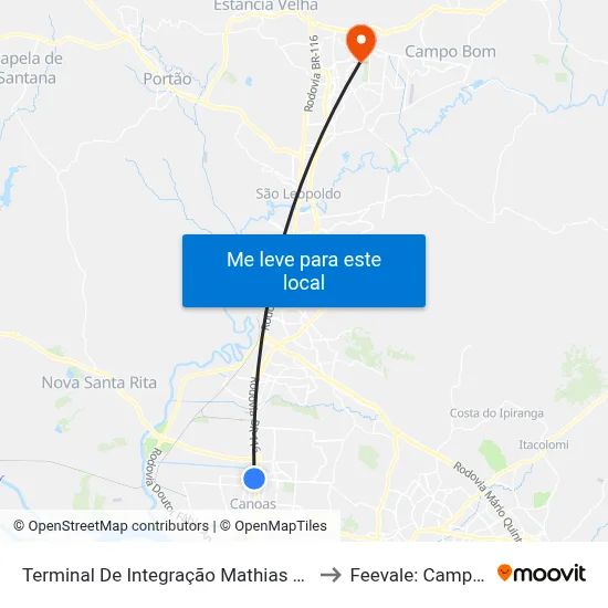 Terminal De Integração Mathias Velho to Feevale: Campus I map