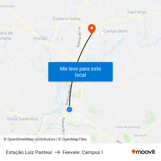 Estação Luiz Pasteur to Feevale: Campus I map