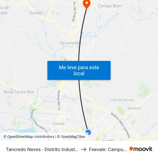 Tancredo Neves - Distrito Industrial to Feevale: Campus I map